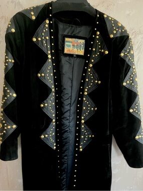 Black Suede Maxi Dress Coat with Gold Stud Detailing